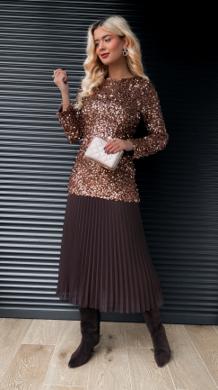 Długa sukienka warstwowa w cekiny z plisowaniem ONE SIZE czekolada - R408A