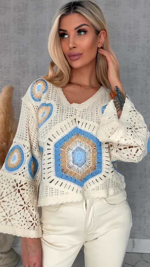 Mega modny ażurowy sweterek w szydełkowym stylu NIEBIESKO beżowy - R659C