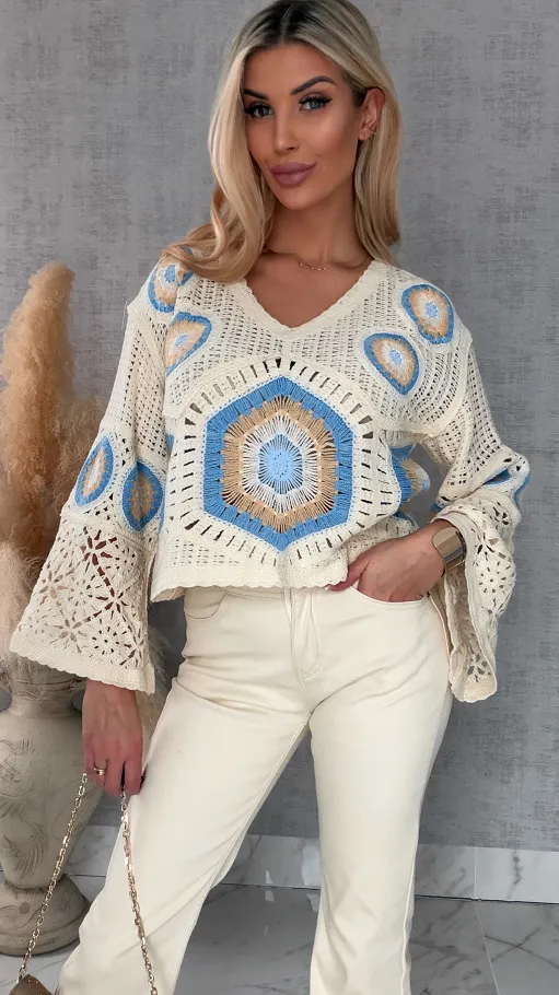 Mega modny ażurowy sweterek w szydełkowym stylu NIEBIESKO beżowy - R659C