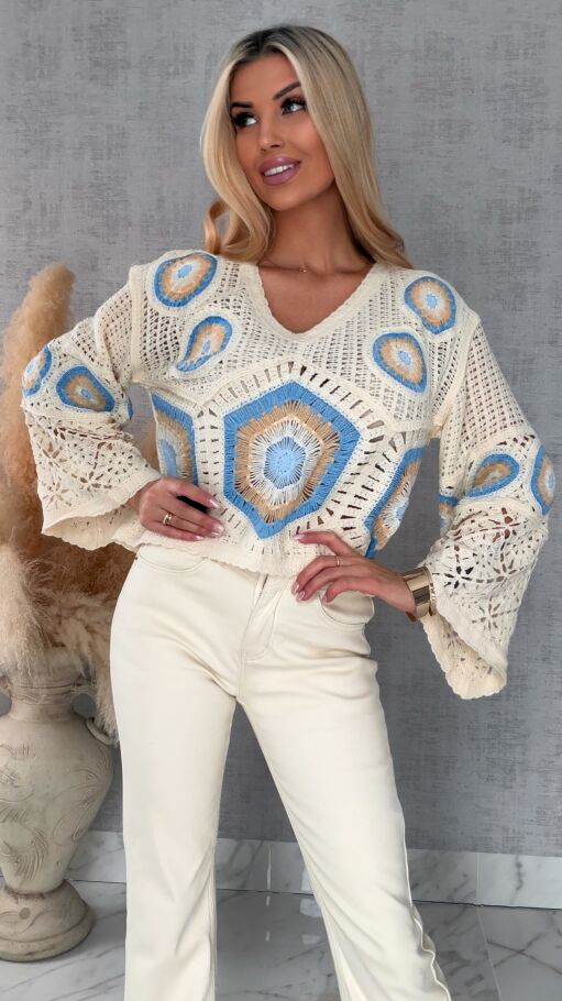 Mega modny ażurowy sweterek w szydełkowym stylu NIEBIESKO beżowy - R659C