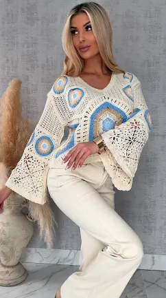 Mega modny ażurowy sweterek w szydełkowym stylu NIEBIESKO beżowy - R659C