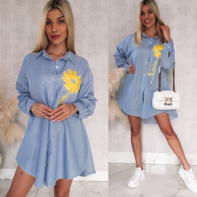 Niebieska koszula OVERSIZE w paski z żółtym kwiatem ONE SIZE - R900B