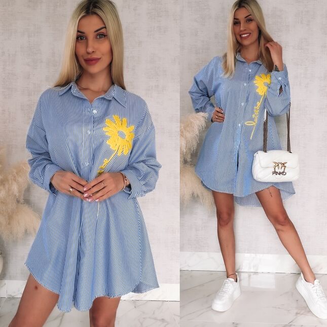 Niebieska koszula OVERSIZE w paski z żółtym kwiatem ONE SIZE - R900B