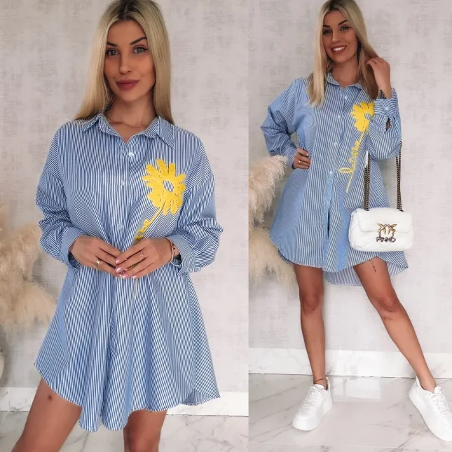Niebieska koszula OVERSIZE w paski z żółtym kwiatem ONE SIZE - R900B