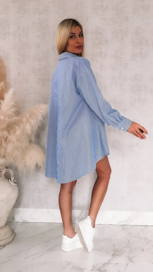 Niebieska koszula OVERSIZE w paski z żółtym kwiatem ONE SIZE - R900B