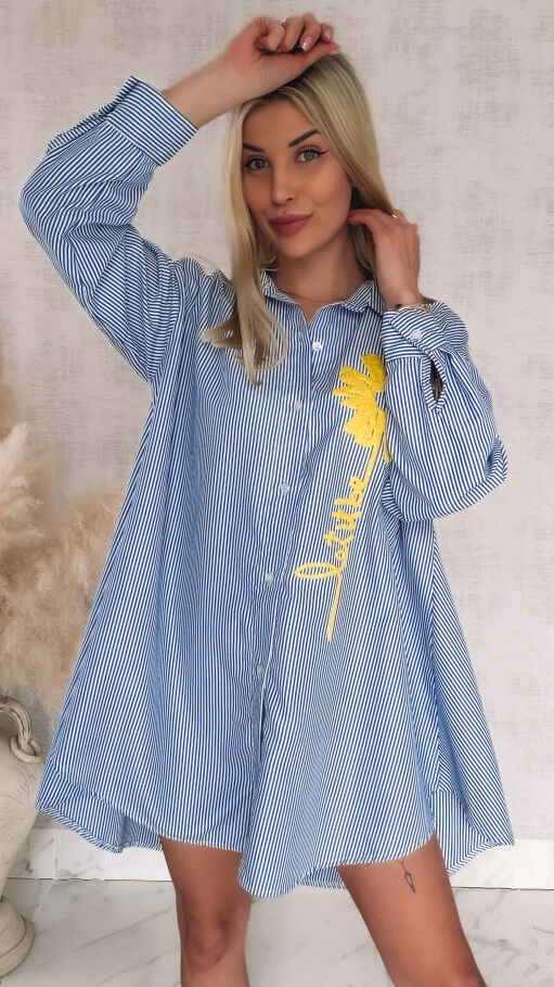 Niebieska koszula OVERSIZE w paski z żółtym kwiatem ONE SIZE - R900B