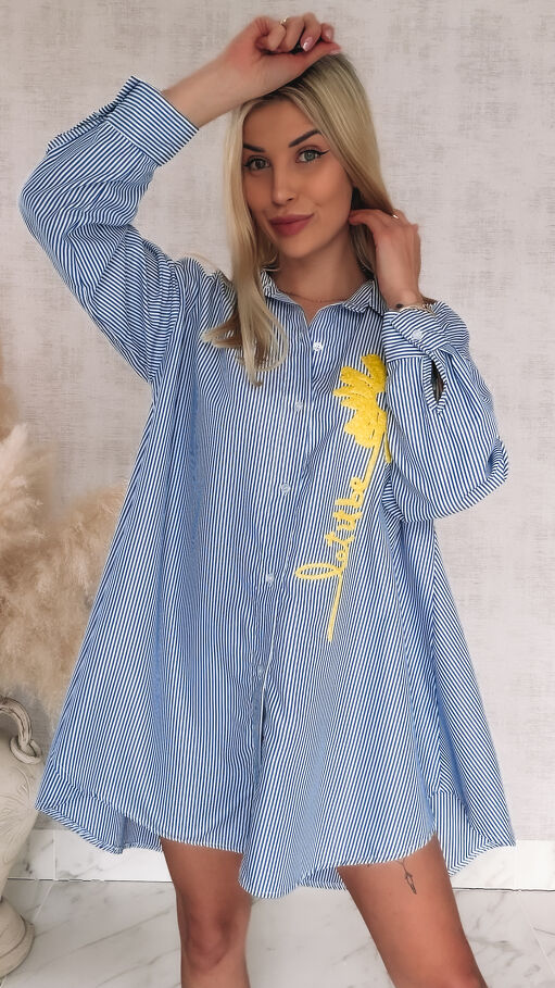 Niebieska koszula OVERSIZE w paski z żółtym kwiatem ONE SIZE - R900B