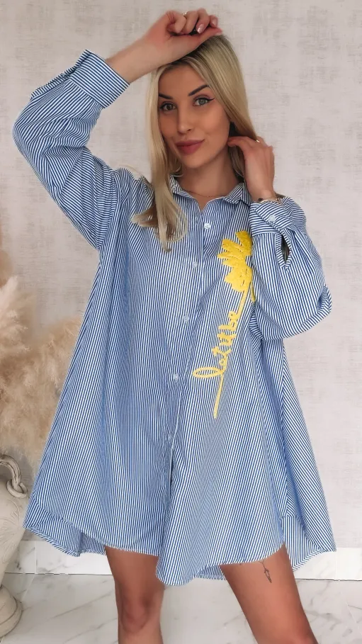 Niebieska koszula OVERSIZE w paski z żółtym kwiatem ONE SIZE - R900B