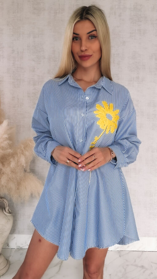 Niebieska koszula OVERSIZE w paski z żółtym kwiatem ONE SIZE - R900B