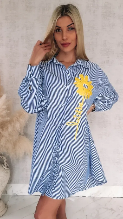 Niebieska koszula OVERSIZE w paski z żółtym kwiatem ONE SIZE - R900B