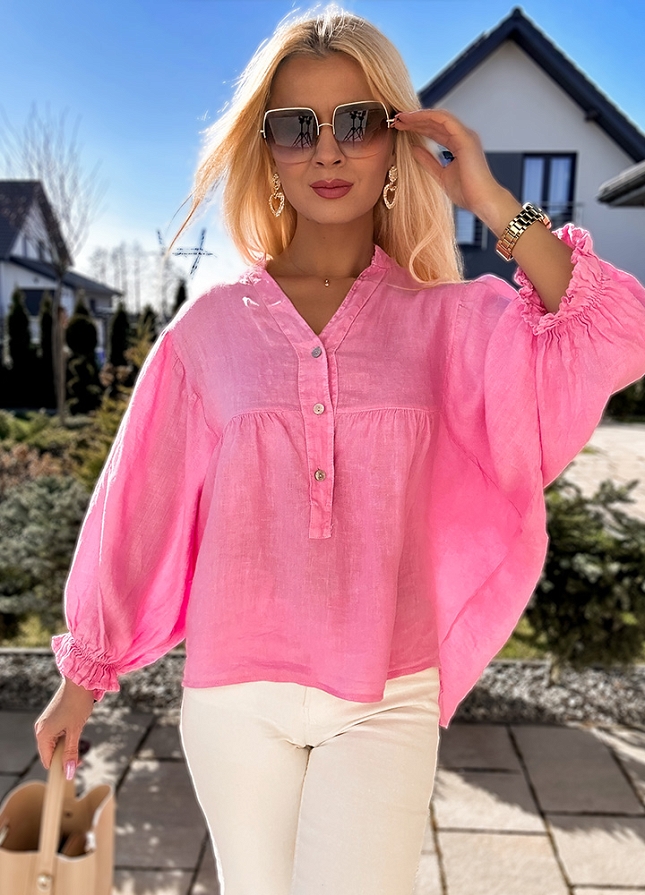 Lniana bluzka z guzikami ASYMETRYCZNA pink - M952A