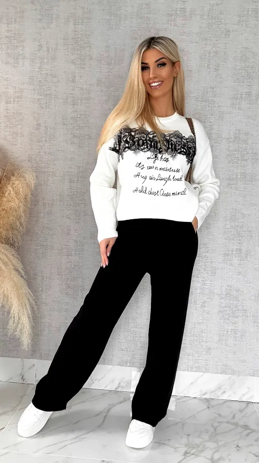 Oryginalny wiosenny komplet dzianinowy jasna bluza + czarne spodnie ONE SIZE - R597