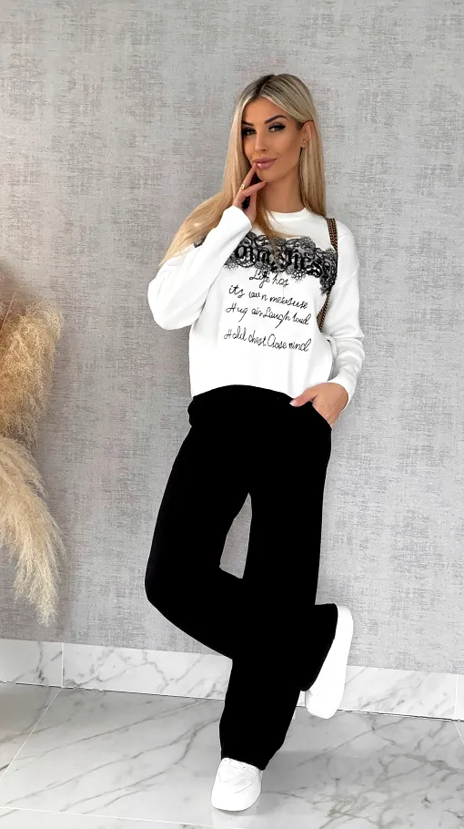 Oryginalny wiosenny komplet dzianinowy jasna bluza + czarne spodnie ONE SIZE - R597