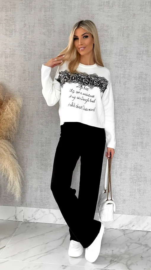 Oryginalny wiosenny komplet dzianinowy jasna bluza + czarne spodnie ONE SIZE - R597