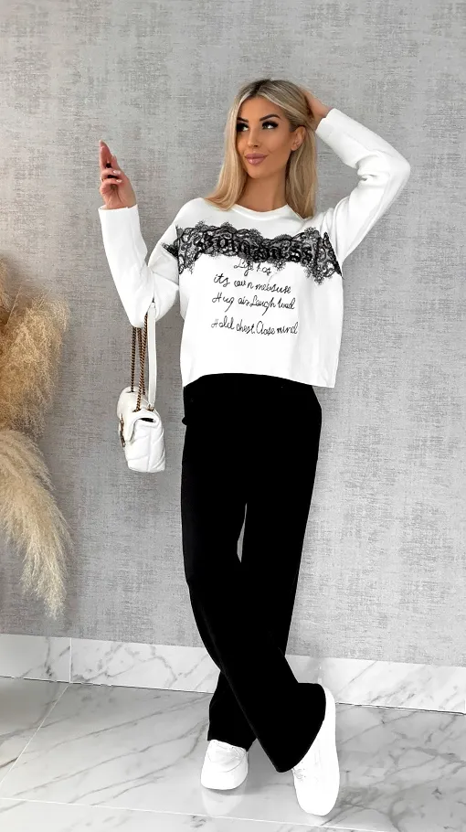 Oryginalny wiosenny komplet dzianinowy jasna bluza + czarne spodnie ONE SIZE - R597