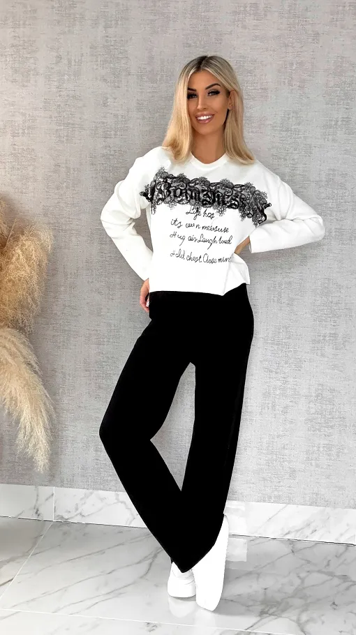 Oryginalny wiosenny komplet dzianinowy jasna bluza + czarne spodnie ONE SIZE - R597