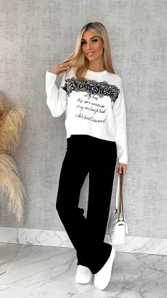 Oryginalny wiosenny komplet dzianinowy jasna bluza + czarne spodnie ONE SIZE - R597