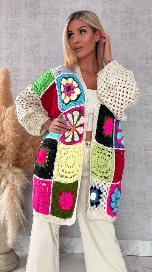 Unikatowy kardigan szydełkowy na wiosną ONE SIZE - R735