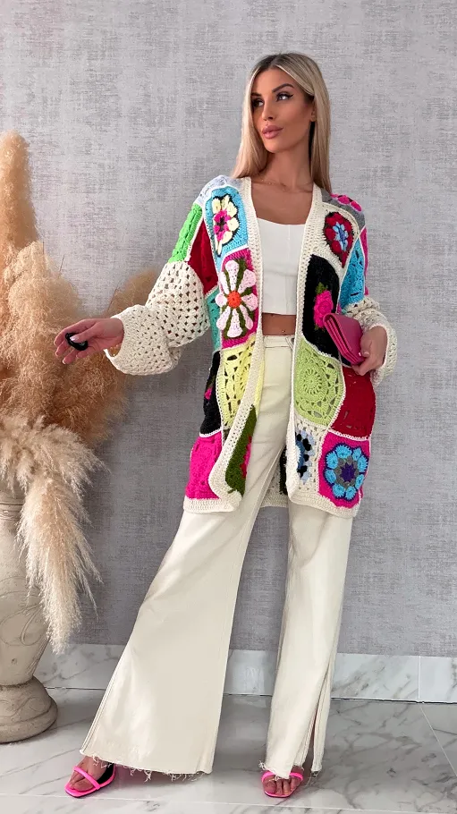 Unikatowy kardigan szydełkowy na wiosną ONE SIZE - R735