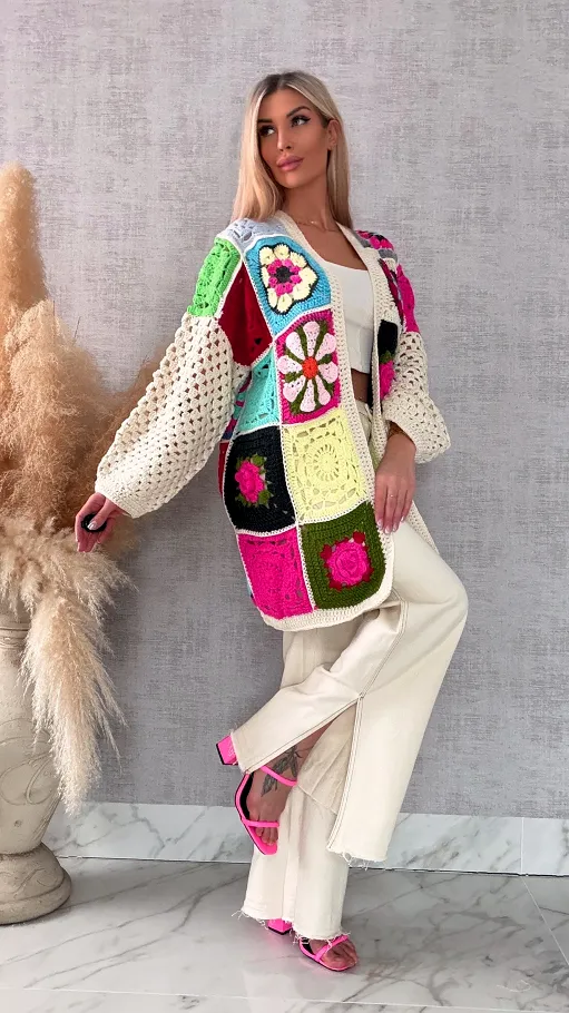 Unikatowy kardigan szydełkowy na wiosną ONE SIZE - R735