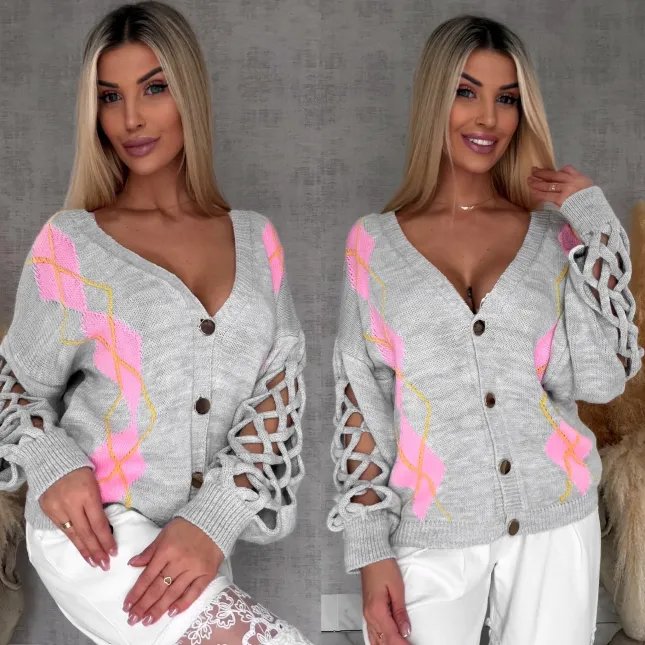 Wiosenny SZARY sweter z ażurowymi rękawkami ONE SIZE - R665C