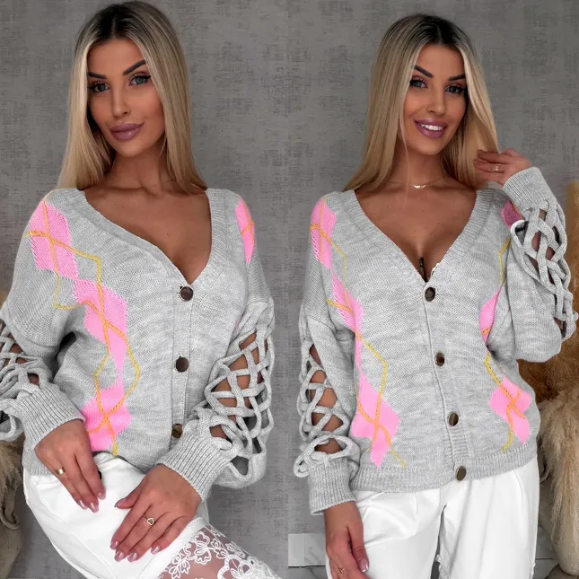 Wiosenny SZARY sweter z ażurowymi rękawkami ONE SIZE - R665C