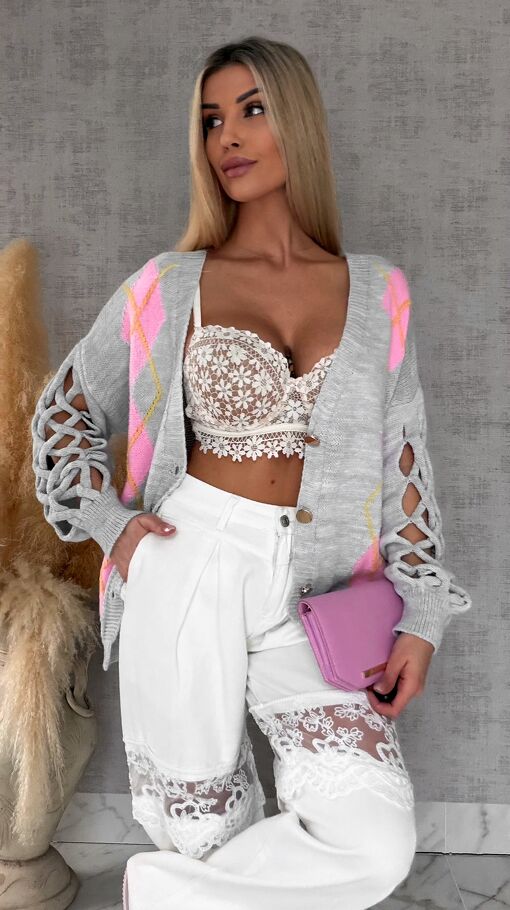 Wiosenny SZARY sweter z ażurowymi rękawkami ONE SIZE - R665C