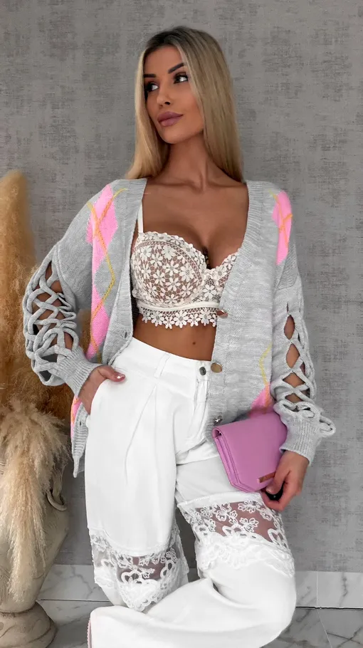 Wiosenny SZARY sweter z ażurowymi rękawkami ONE SIZE - R665C