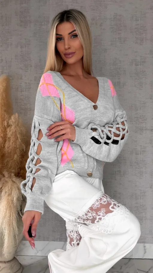 Wiosenny SZARY sweter z ażurowymi rękawkami ONE SIZE - R665C