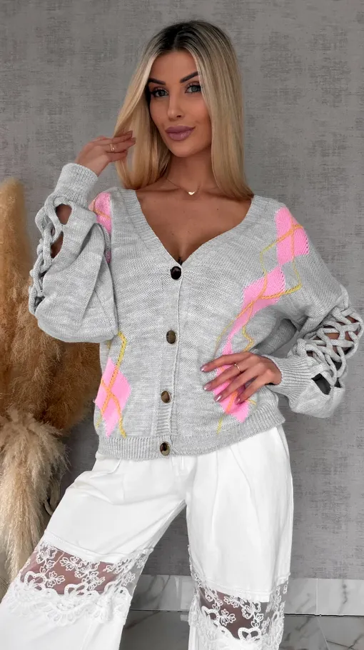 Wiosenny SZARY sweter z ażurowymi rękawkami ONE SIZE - R665C