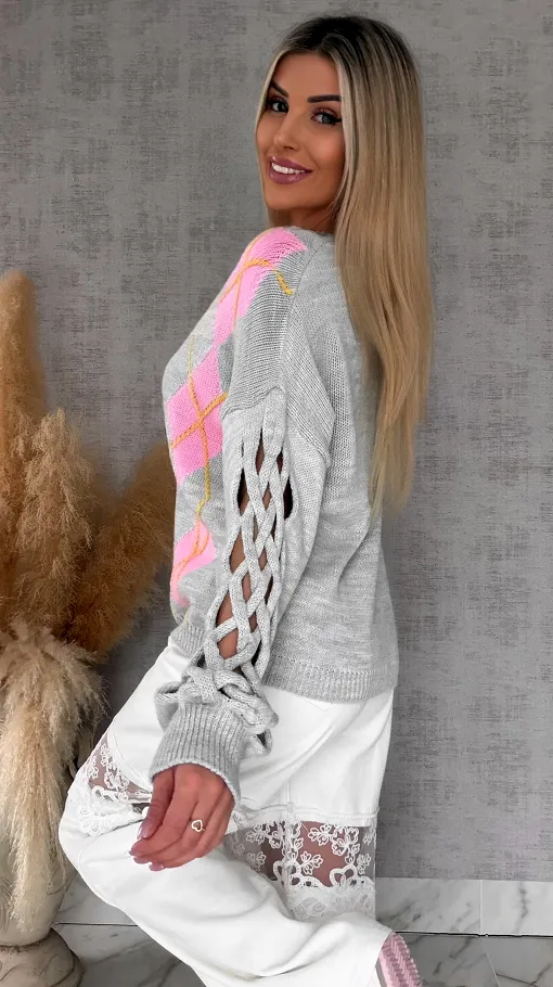 Wiosenny SZARY sweter z ażurowymi rękawkami ONE SIZE - R665C