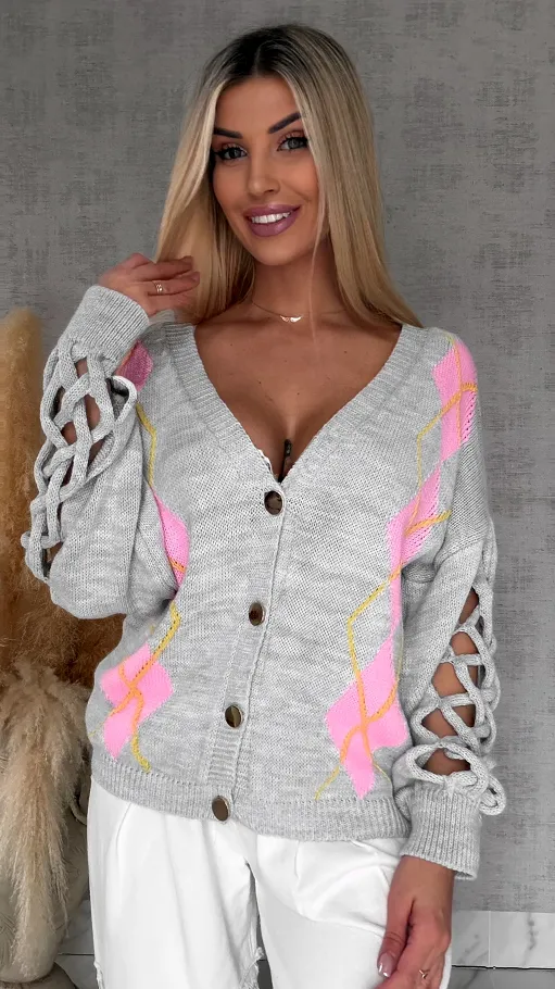 Wiosenny SZARY sweter z ażurowymi rękawkami ONE SIZE - R665C