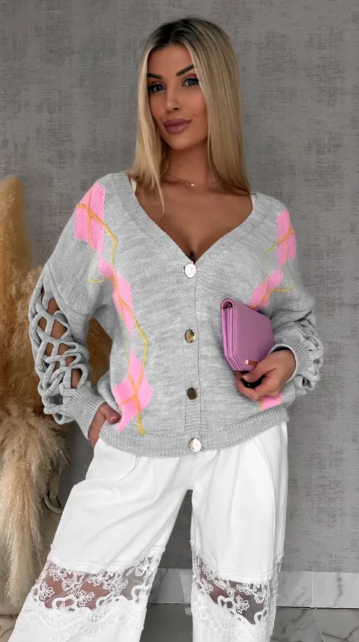 Wiosenny SZARY sweter z ażurowymi rękawkami ONE SIZE - R665C