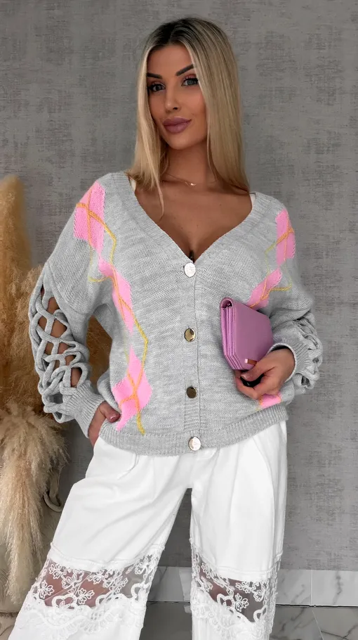 Wiosenny SZARY sweter z ażurowymi rękawkami ONE SIZE - R665C