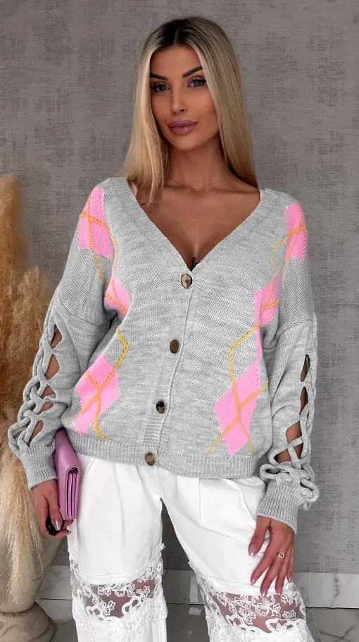 Wiosenny SZARY sweter z ażurowymi rękawkami ONE SIZE - R665C