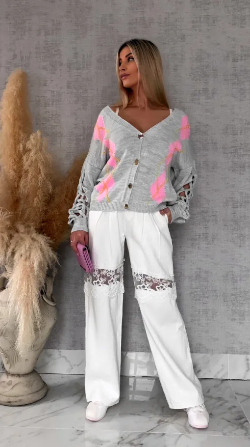 Wiosenny SZARY sweter z ażurowymi rękawkami ONE SIZE - R665C