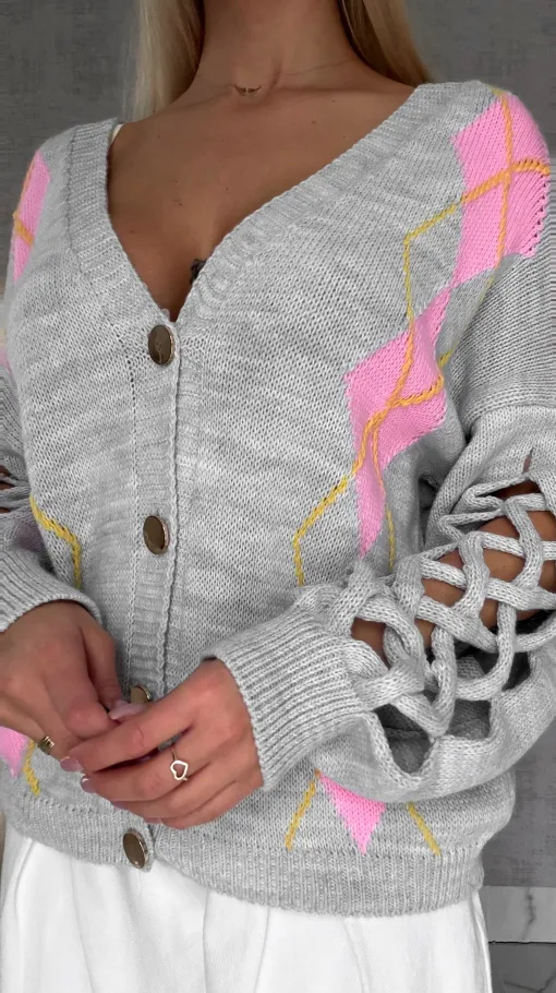 Wiosenny SZARY sweter z ażurowymi rękawkami ONE SIZE - R665C