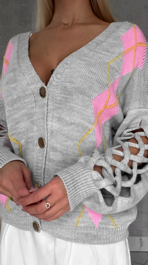 Wiosenny SZARY sweter z ażurowymi rękawkami ONE SIZE - R665C