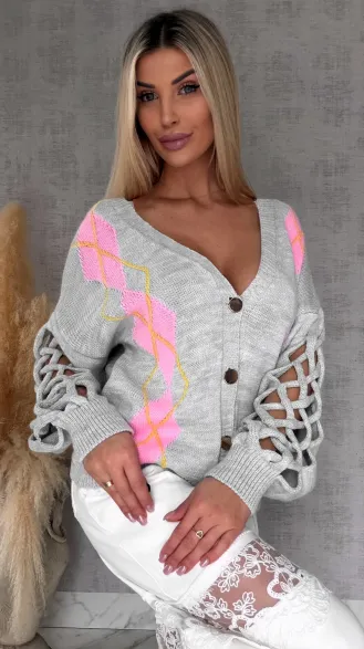 Wiosenny SZARY sweter z ażurowymi rękawkami ONE SIZE - R665C