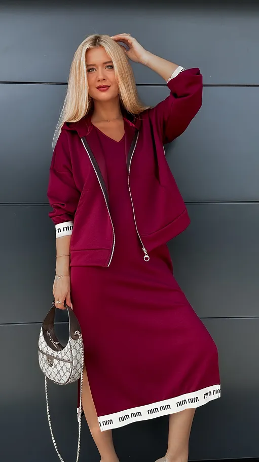 Wygodny BORDOWY komplet jesienny bluza z kapturem + sukienka ONE SIZE - R034A