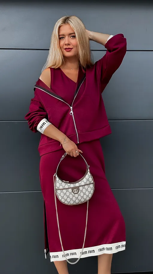 Wygodny BORDOWY komplet jesienny bluza z kapturem + sukienka ONE SIZE - R034A
