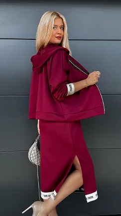 Wygodny BORDOWY komplet jesienny bluza z kapturem + sukienka ONE SIZE - R034A