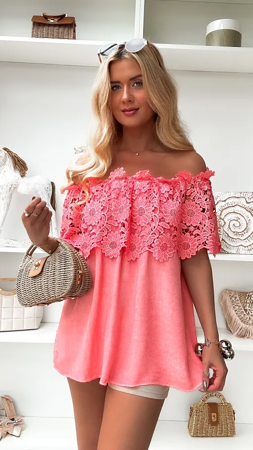 Bluzka hiszpanka w stylu BOHO z wiskozy ONE SIZE koralowa - P861