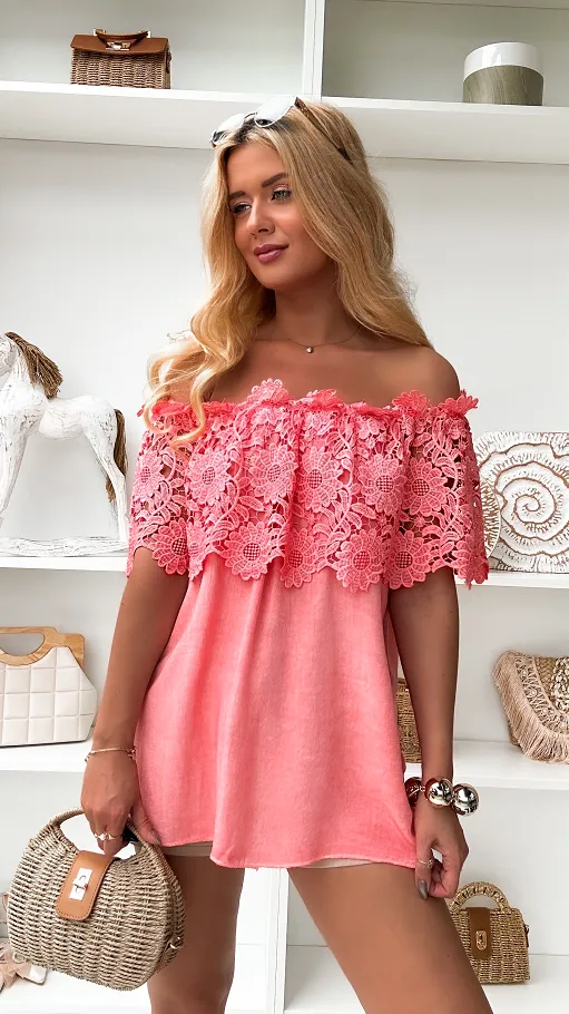 Bluzka hiszpanka w stylu BOHO z wiskozy ONE SIZE koralowa - P861