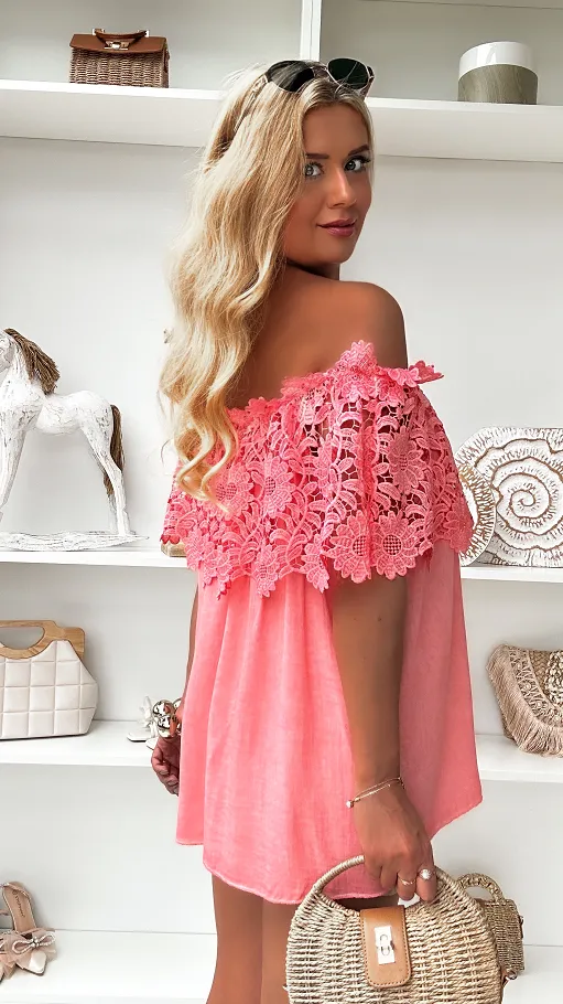 Bluzka hiszpanka w stylu BOHO z wiskozy ONE SIZE koralowa - P861