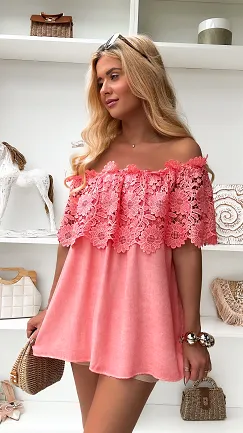 Bluzka hiszpanka w stylu BOHO z wiskozy ONE SIZE koralowa - P861