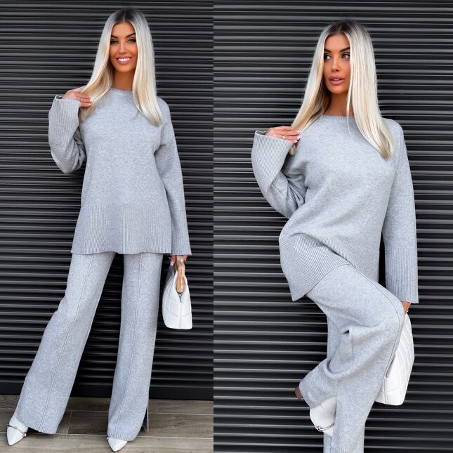 Klasyczny jesienny komplet dzianinowy SZARY sweter + spodnie ONE SIZE - S462