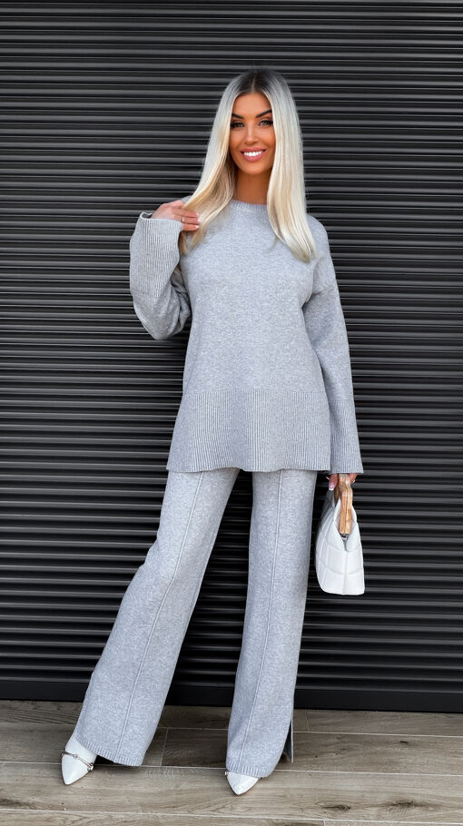 Klasyczny jesienny komplet dzianinowy SZARY sweter + spodnie ONE SIZE - S462