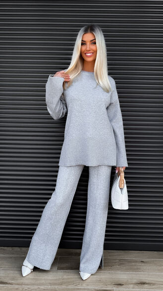 Klasyczny jesienny komplet dzianinowy SZARY sweter + spodnie ONE SIZE - S462