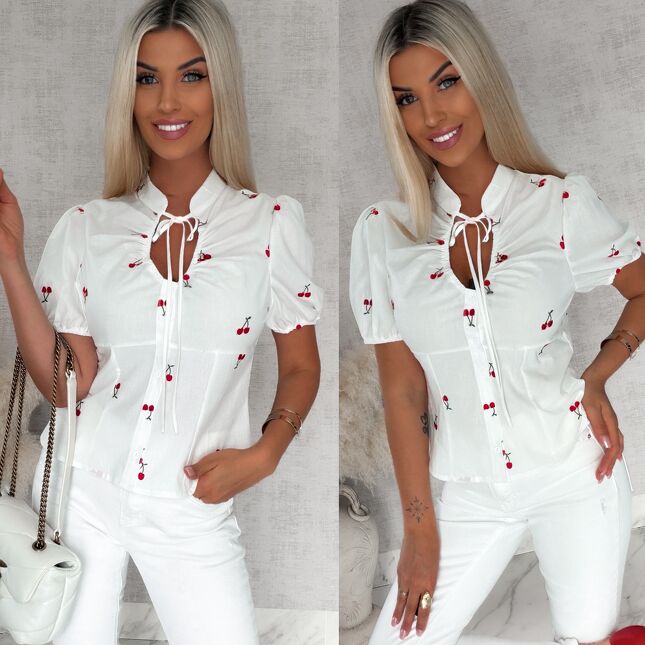 Elegancka biała bluzka koszulowa w haftowane wisienki BAWEŁNIANA - S086